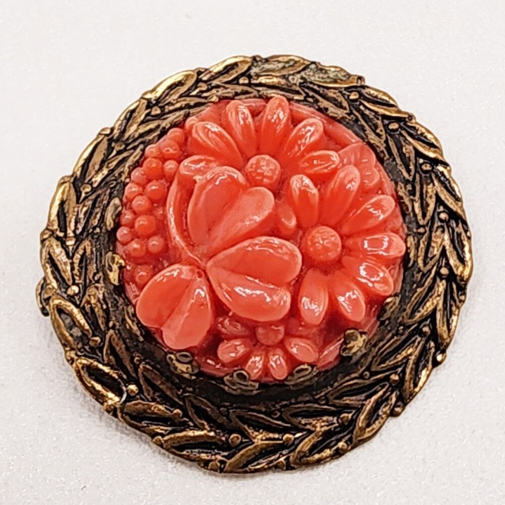Antique Czech Pressed Coral Glass Floral Brooch Crown Prongs On Brass Laurels